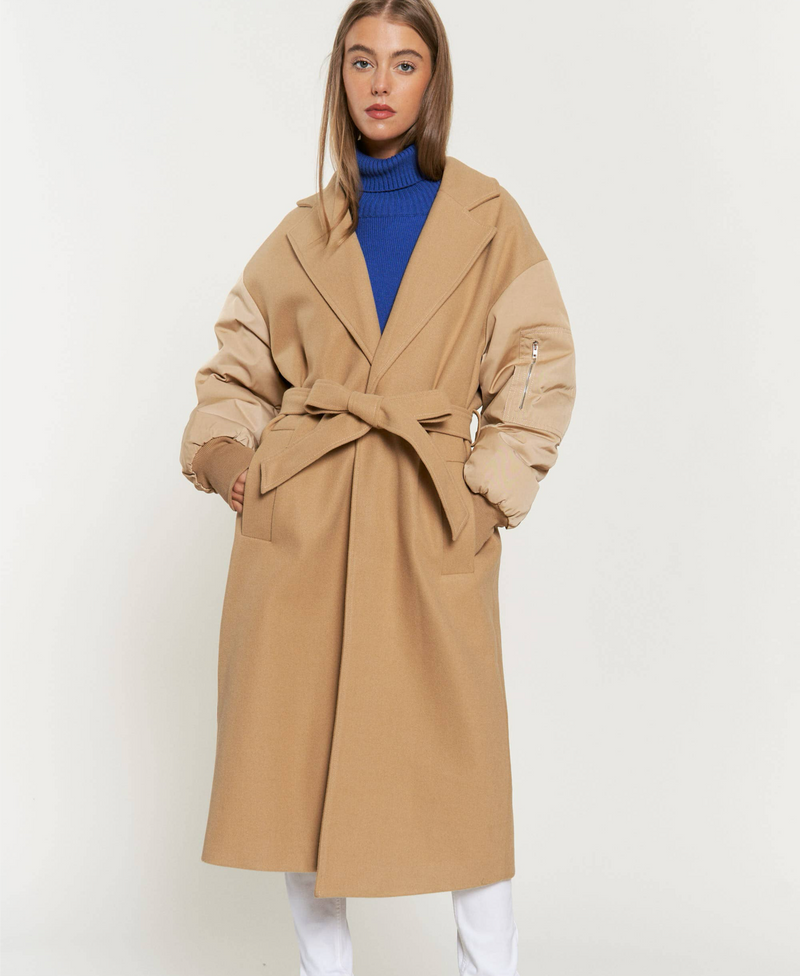 TIE WAIST PADDED BALLOON SLEEVE BOMBER MIDI COAT