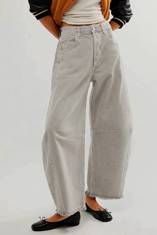 White barrel raw hem jeans