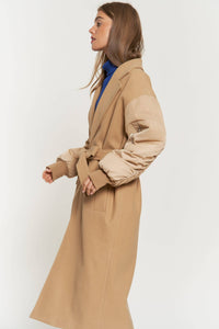 TIE WAIST PADDED BALLOON SLEEVE BOMBER MIDI COAT