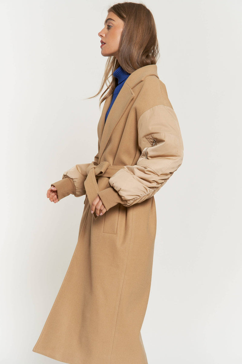 TIE WAIST PADDED BALLOON SLEEVE BOMBER MIDI COAT