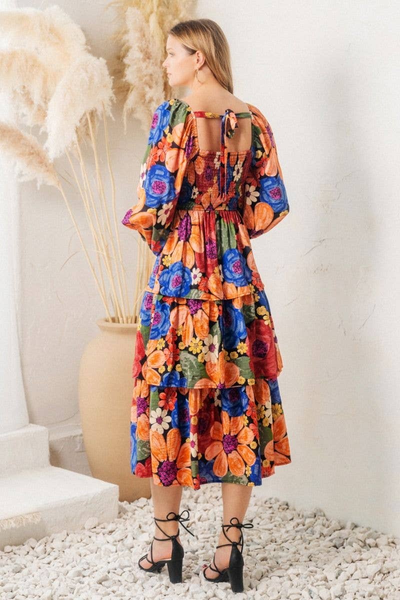Plus Floral Printed Tired Ruffle Midi Dress