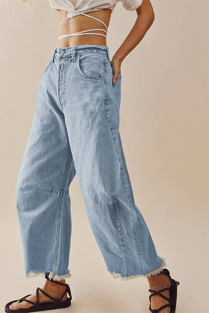 White barrel raw hem jeans
