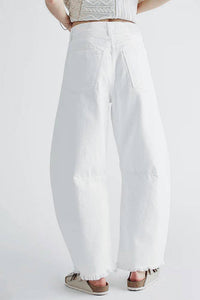 White barrel raw hem jeans