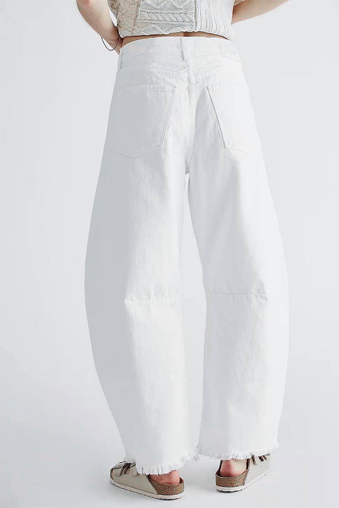 White barrel raw hem jeans