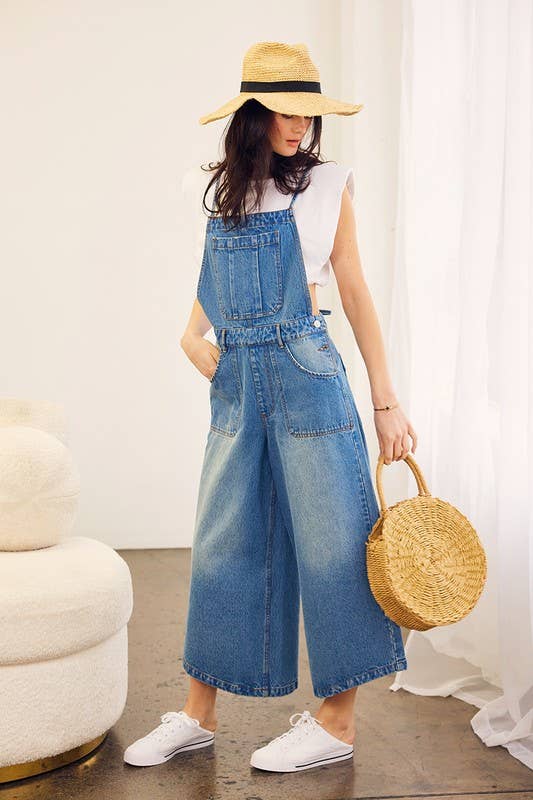 CRISS CROSS BACK WAIST TIE DENIM JUMPSUIT