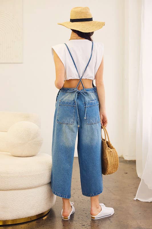 CRISS CROSS BACK WAIST TIE DENIM JUMPSUIT
