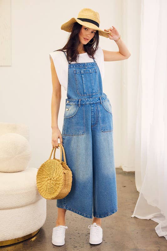 CRISS CROSS BACK WAIST TIE DENIM JUMPSUIT