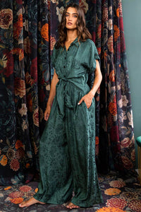 Tie Front Wide Leg  Jacquard Woven Jumpsuit