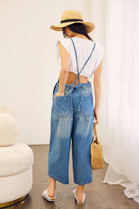 CRISS CROSS BACK WAIST TIE DENIM JUMPSUIT