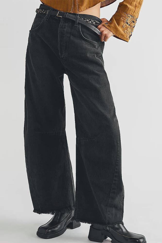 White barrel raw hem jeans