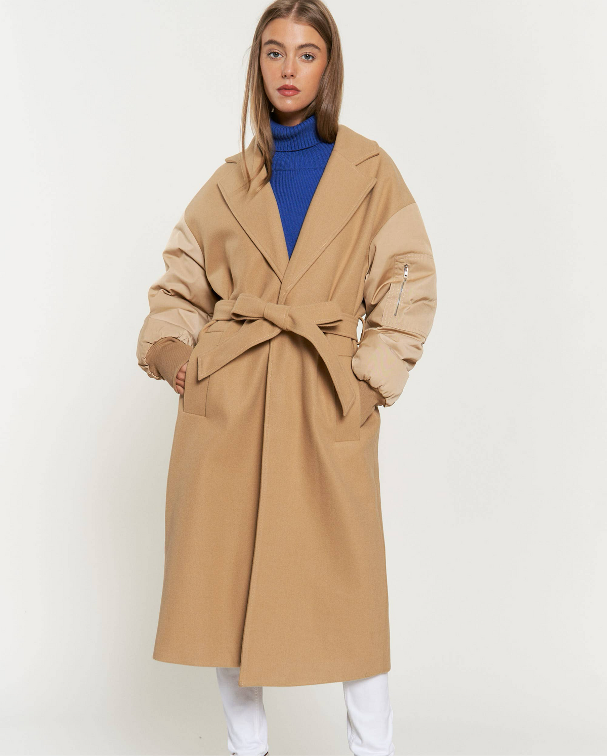 TIE WAIST PADDED BALLOON SLEEVE BOMBER MIDI COAT