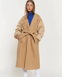 TIE WAIST PADDED BALLOON SLEEVE BOMBER MIDI COAT