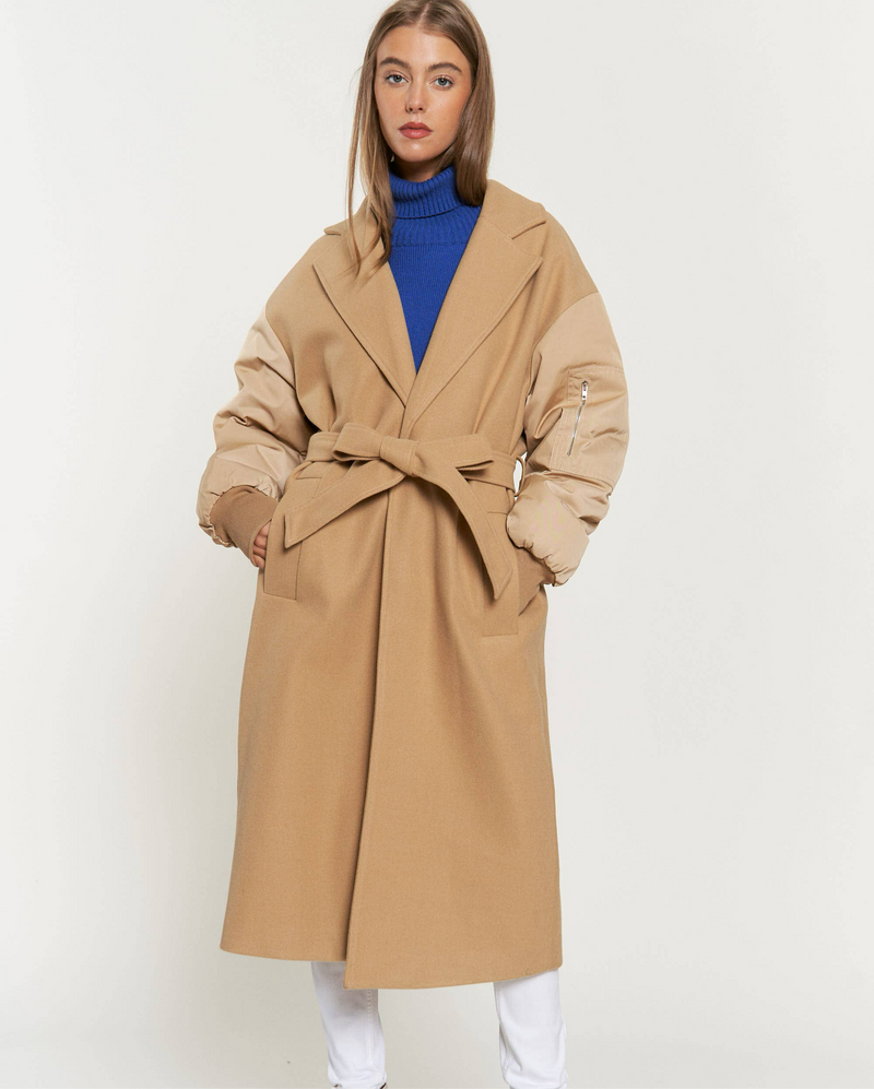 TIE WAIST PADDED BALLOON SLEEVE BOMBER MIDI COAT
