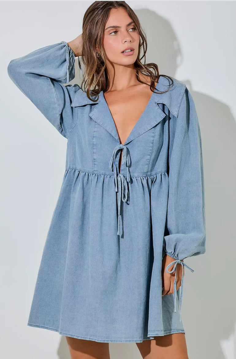 CHAMBRAY TIE COLLARED MINI DRESS
