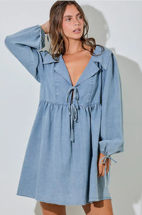 CHAMBRAY TIE COLLARED MINI DRESS