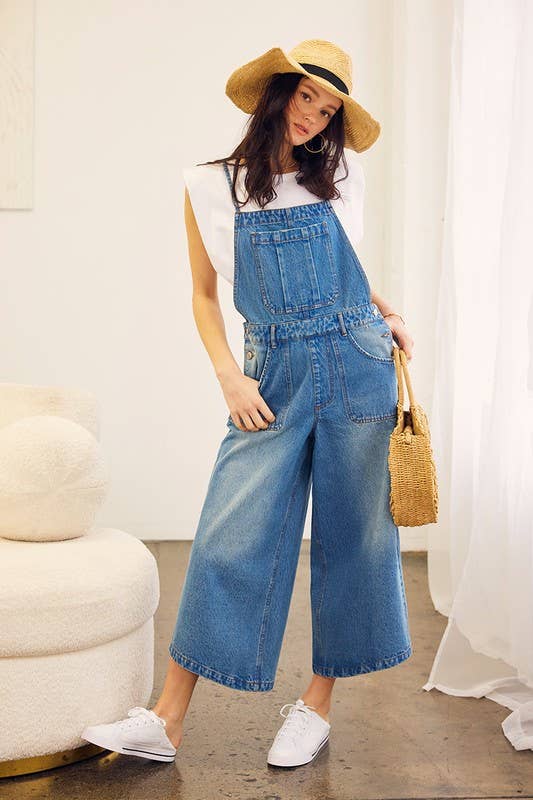 CRISS CROSS BACK WAIST TIE DENIM JUMPSUIT