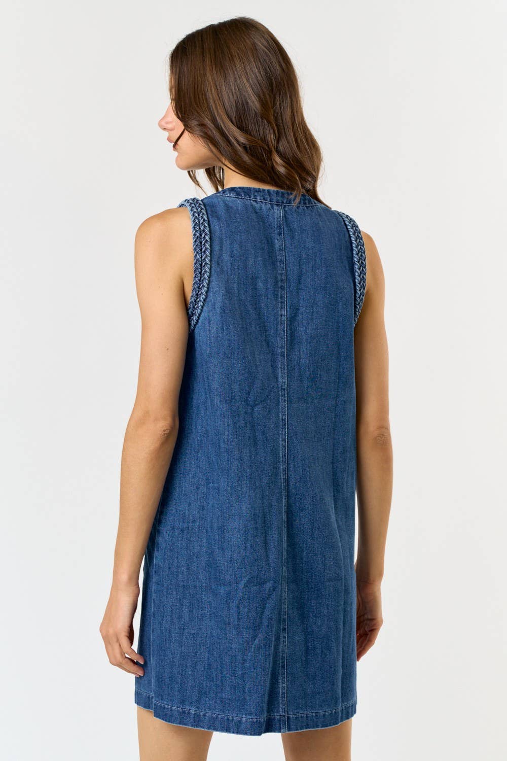 BRAIDED DENIM POCKET MINI DRESS