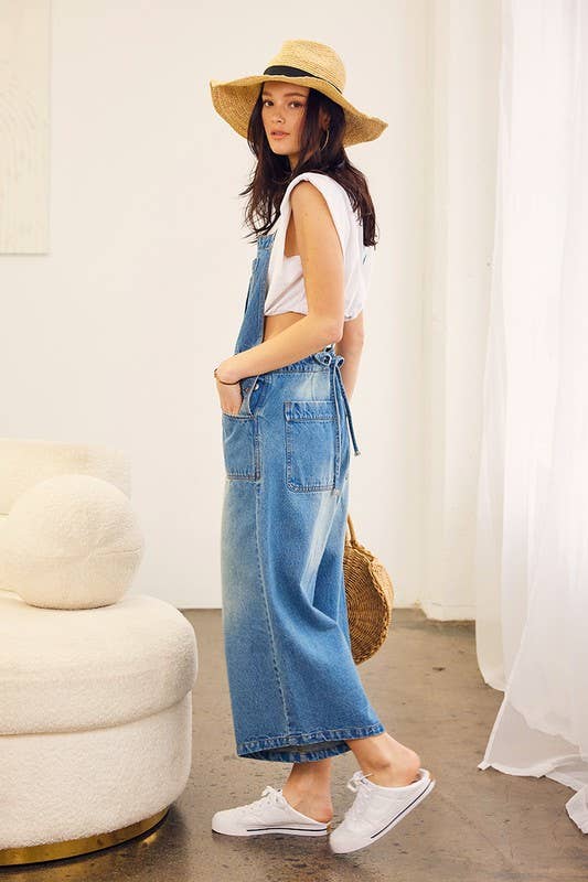 CRISS CROSS BACK WAIST TIE DENIM JUMPSUIT