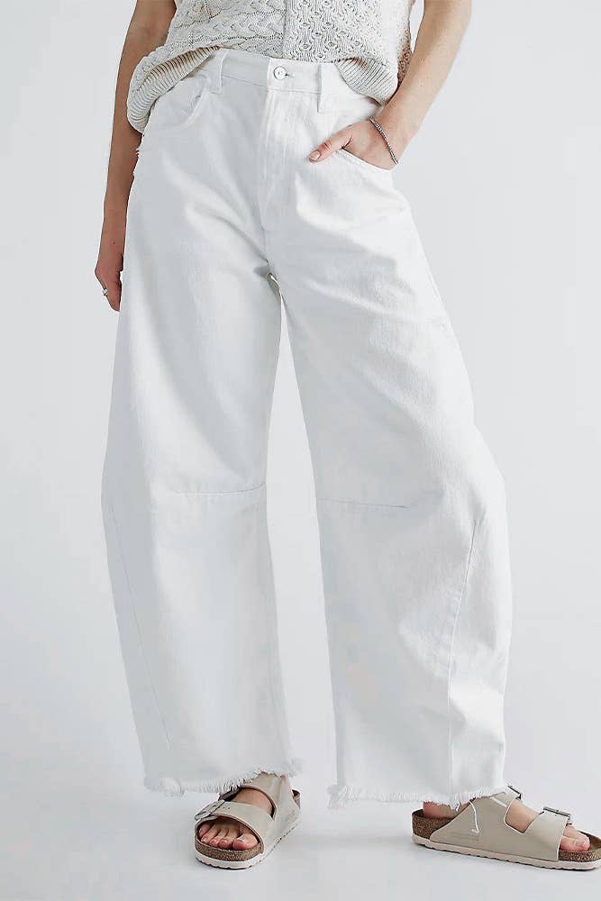 White barrel raw hem jeans