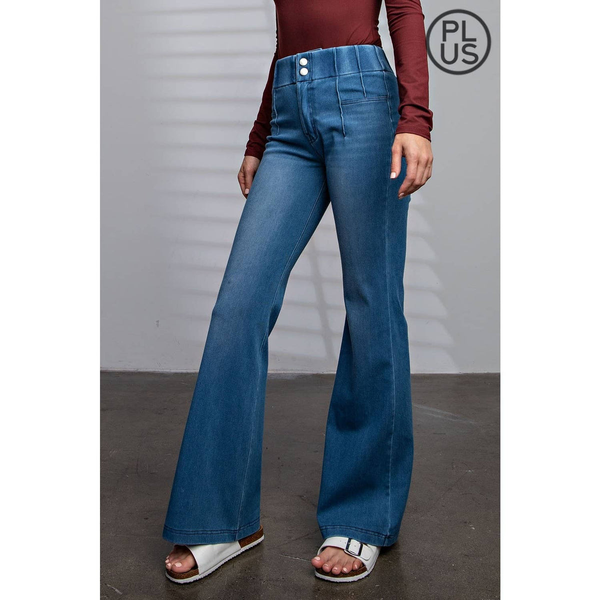 PLUS SIZE COTTON STRETCH DENIM FLARED PANTS