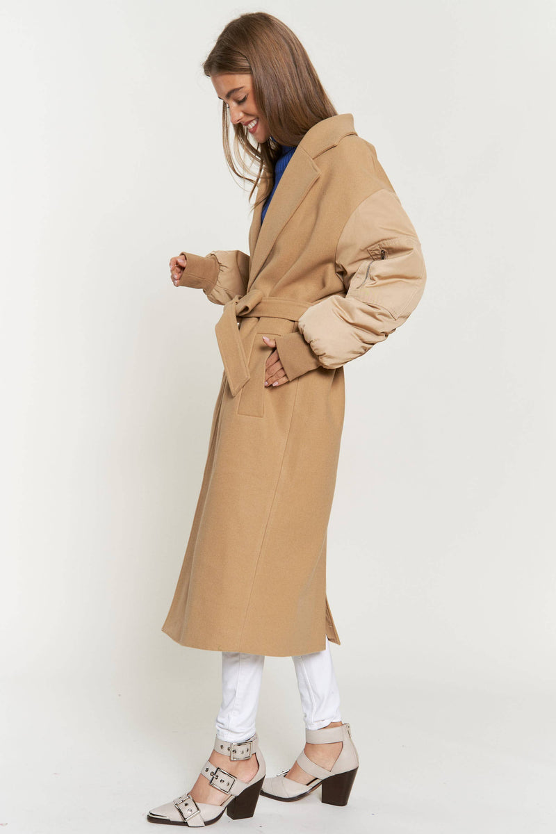 TIE WAIST PADDED BALLOON SLEEVE BOMBER MIDI COAT