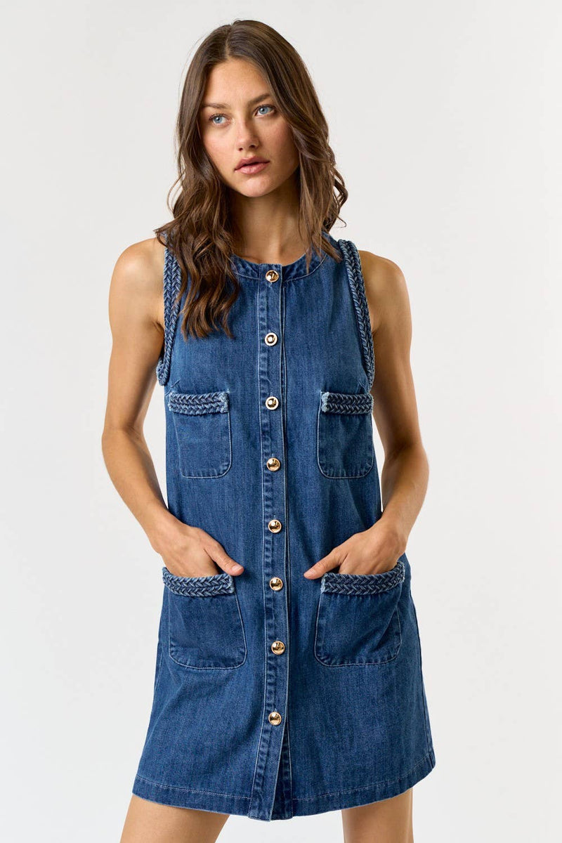 BRAIDED DENIM POCKET MINI DRESS