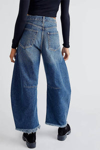 White barrel raw hem jeans