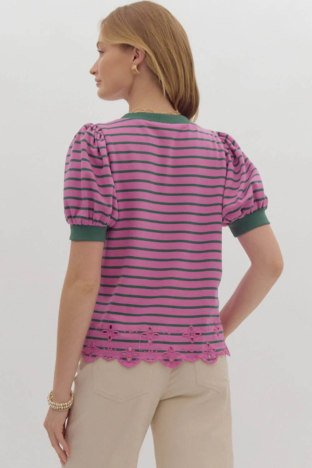 Stripe puff sleeve top featuring floral